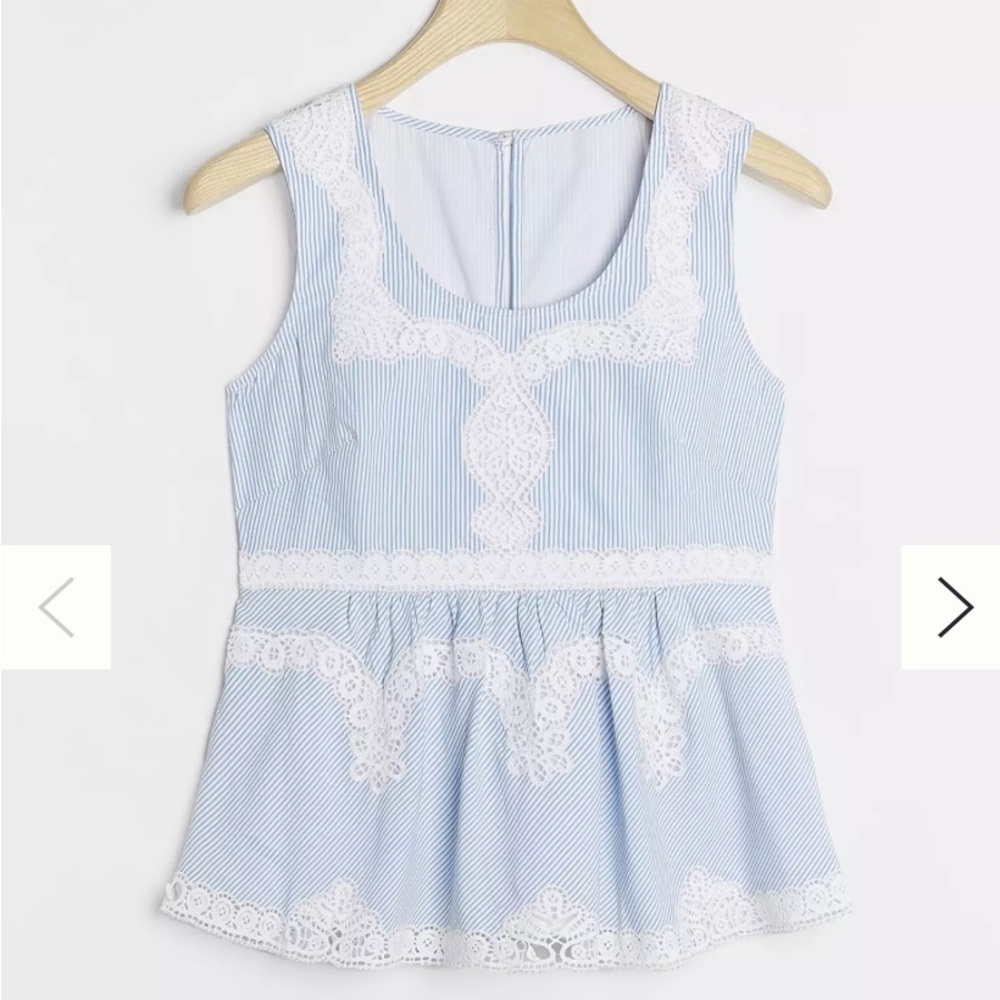 Anthropologie Maeve Striped Blue and White Top with Lace